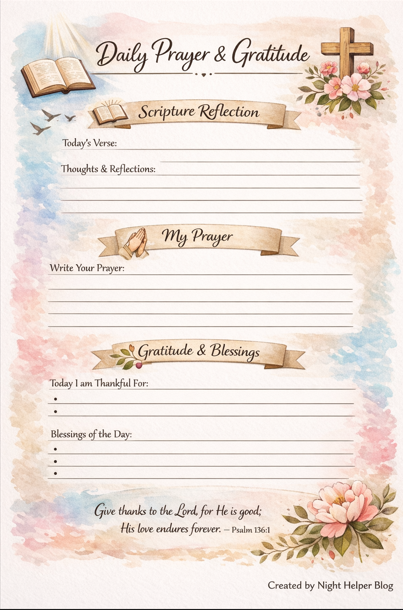 Daily Prayer and Gratitude printable from Night Helper Blog