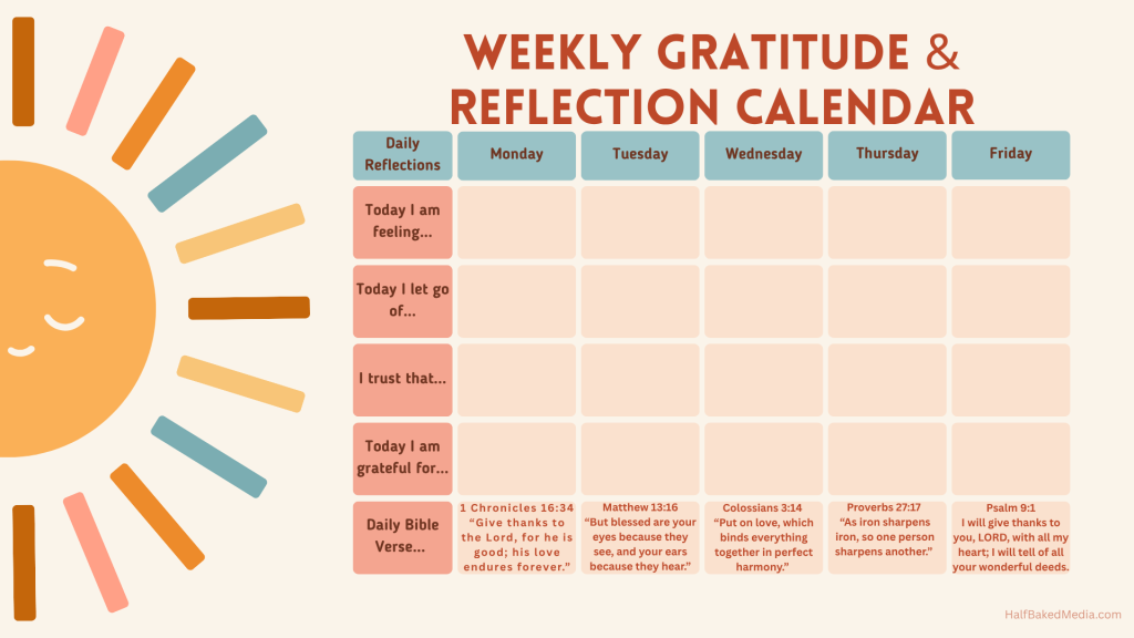 Gratitude reflection calendar printable from Half Baked Media Gratitude reflection calendar printable from Half Baked Media